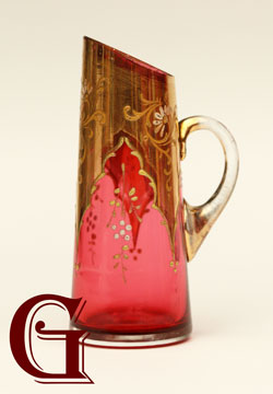 CRANBERRY GLASS MINIATURE JUG ENAMEL GILT DECORATION