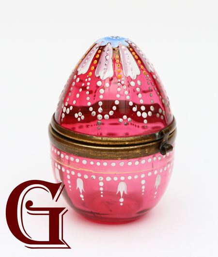 egg shaped CRANBERRY GLASS lidded box enamel decoration