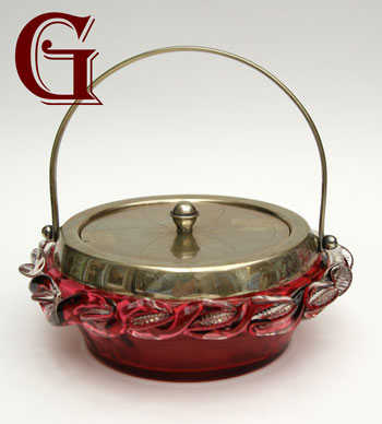 Cranberry glass bowl with lid and handle