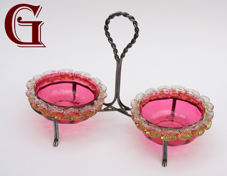 pair cranberry glass preserve dishes in stand citrine frill