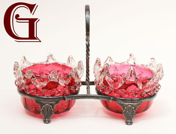 Cranberry glass preserve dishes silver plate stand