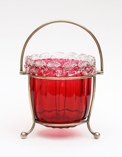 Cranberry glass bowl white machine threading