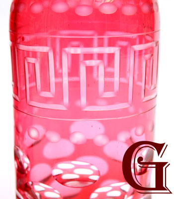 pair of cranberry hock decanters optic cut