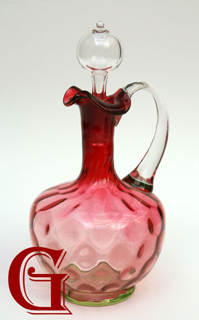 dimpled cranberry glass decanter clear handle hollow stopper