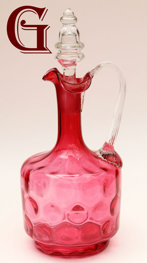cranberry glass decanter clear handle hollow stopper