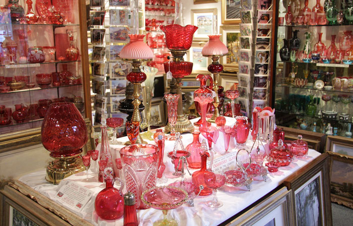 Cranberry display at Grimes House Gallery, the CRANBERRY GLASS SHOP