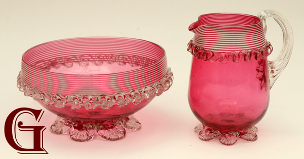 Cranberry glass jug and bowl white machine threading