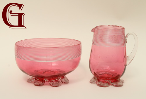 Cranberry glass milk jug and sugar bowl white machine threading