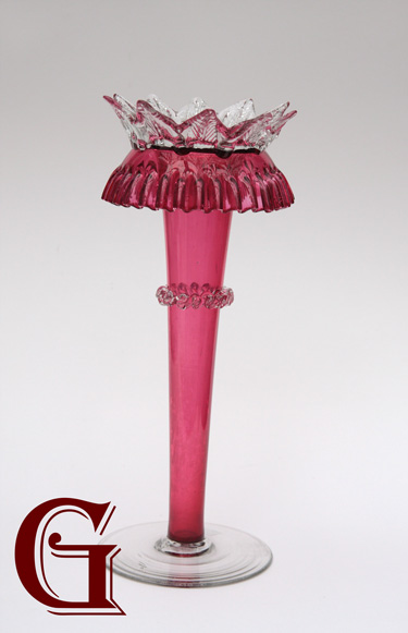 A PRETTY PAIR OF CRYSTAL TOP CRANBERRY VASES