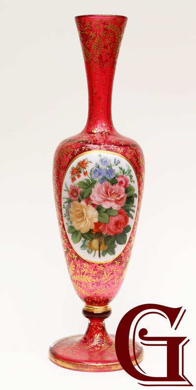 CRANBERRY GLASS VASE paintel enamel plaque