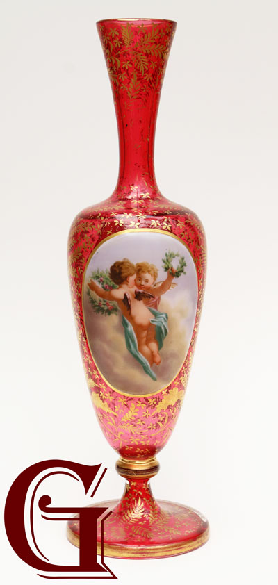 CRANBERRY GLASS VASE paintel enamel plaque