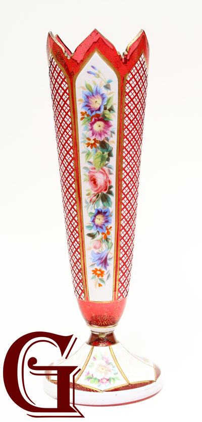 CRANBERRY GLASS VASE paintel enamel panel