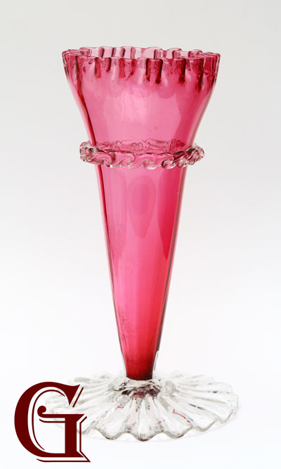 CRANBERRY GLASS VASE crystal frill