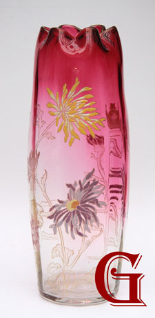 A LARGE MOSER FLORAL ENAMELLED SHADED CRANBERRY VASE